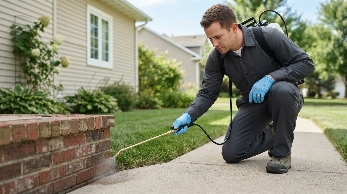 Pest control technician treating a home near Urbana, OH