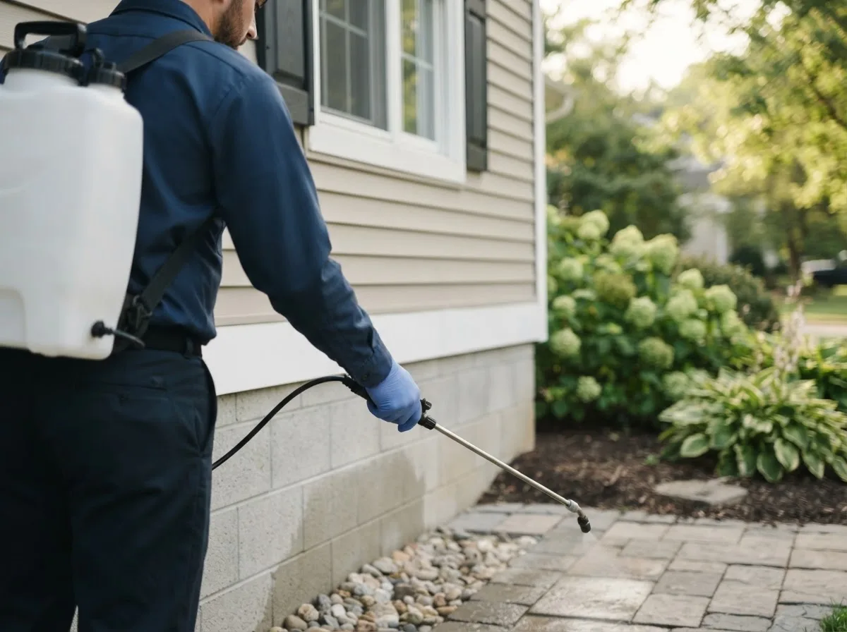 Pest control technician inspecting a home in Urbana, OH